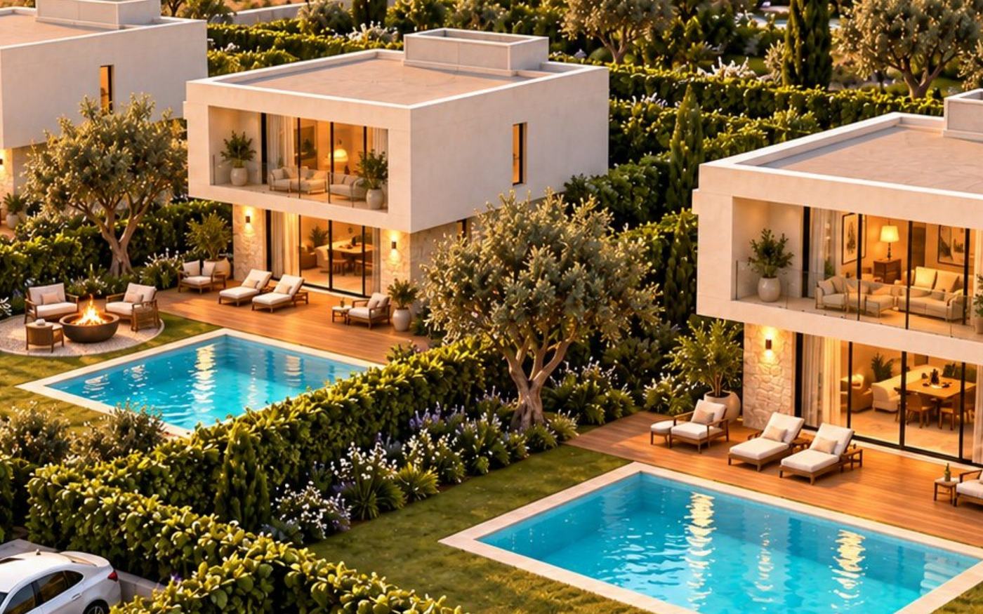 Kavak yerleşkesinde iki villa, özel havuzlar ve bahçeler, temsilî render